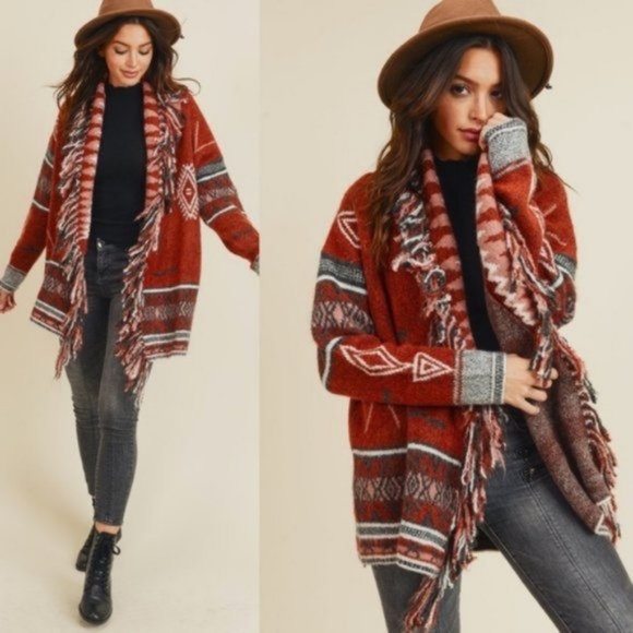 031 Brick Red Tribal Print Fringe Open Front Cardigan Casual - Picture 2 of 8